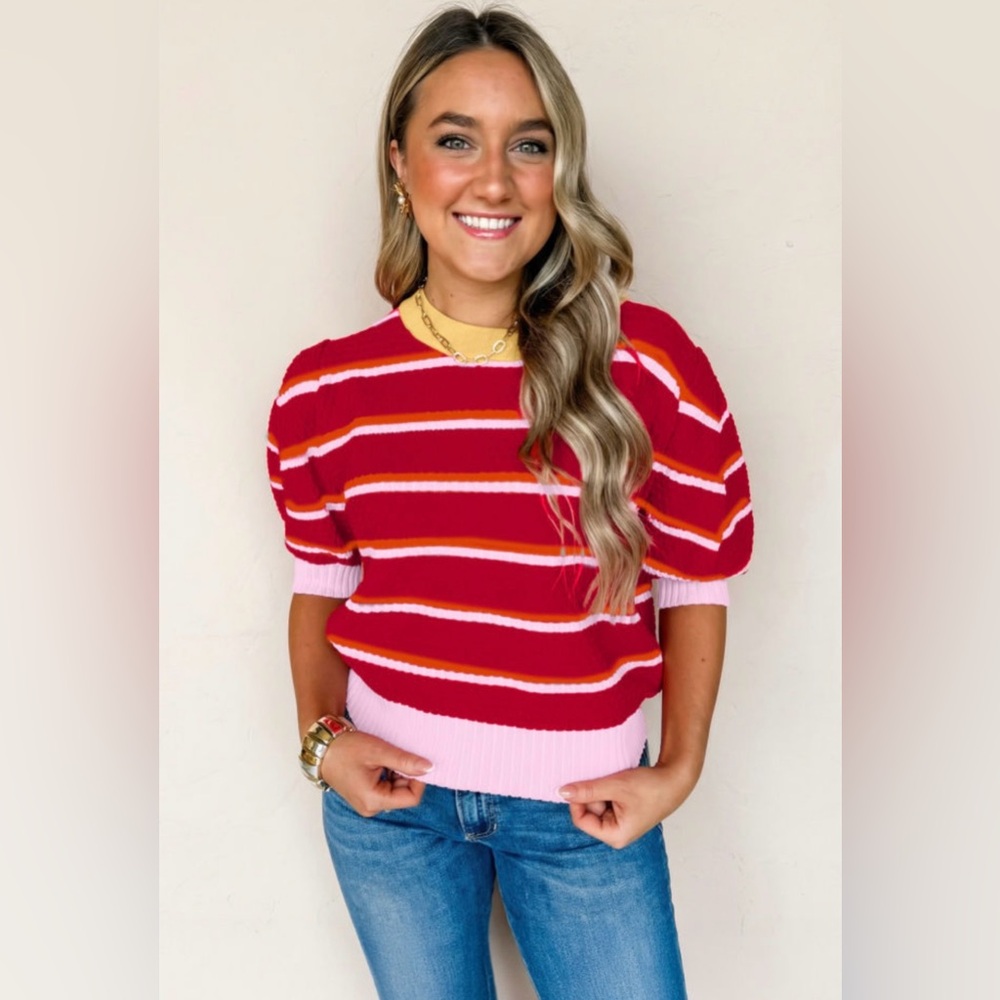 Striped Puff-Sleeve Knit Top in Red and Pink